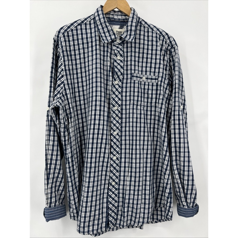 Men's Shirt XL Blue Plaid Chambray Button Up Long Sleeve Roll Tab Preppy